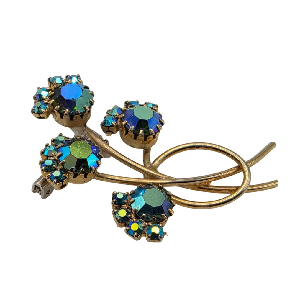 Vintage AB Rhinestone Floral Spray Brooch Blue Aurora Borealis Pin